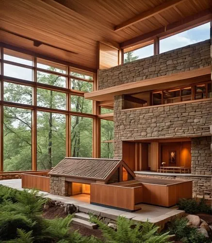 an image of a home with stone walls,fallingwater,forest house,mid century house,amanresorts,bohlin,mid century modern,Photography,General,Realistic