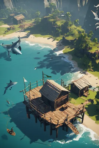 floating huts,fishing village,docks,dock,floating islands,artificial island,landing bay,dolphin coast,islands,monkey island,flying island,shipyard,archipelago,fish farm,ship wreck,artificial islands,collected game assets,tankerton,ship yard,development concept,Conceptual Art,Oil color,Oil Color 01