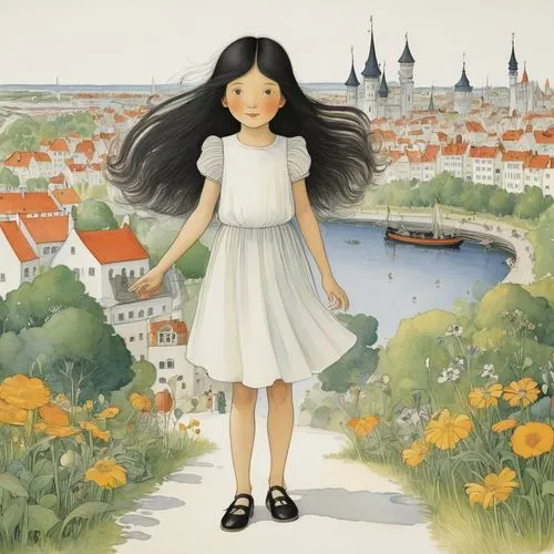 little girl in wind,girl picking flowers,cloves schwindl inge,eloise,girl with bread-and-butter,the girl in nightie,Illustration,Realistic Fantasy,Realistic Fantasy 31