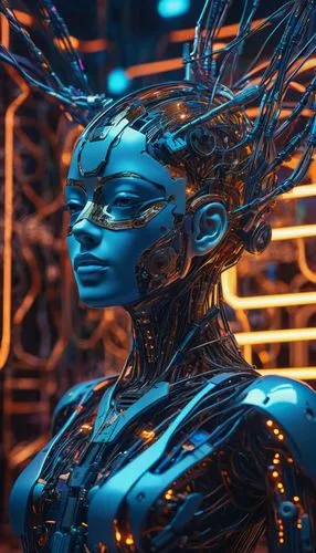 Dreamy AI, futuristic laboratory, neon lights, holographic screens, sleek metallic surfaces, rows of humming servers, wires and cables tangled like a sci-fi nest, robotic arms assembling components, L