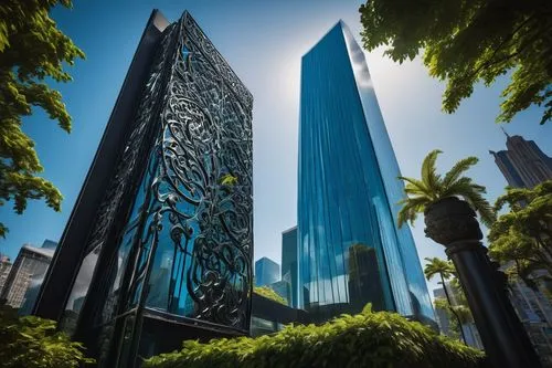 Modern ville urban architecture, futuristic skyscraper, sleek glass facade, metallic frame, angular rooftop, intricate stone carvings, grand entrance, ornate iron gates, lush greenery, cityscape backg