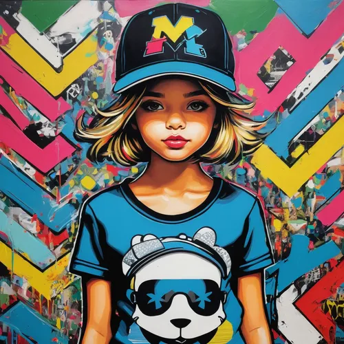 Girl in sportswear, youthful, wearing a hat，by Cory Loftis,graffiti art,girl wearing hat,streetart,cool pop art,kids illustration,pop art style,modern pop art,graffiti,mickey mause,street art,grafitty