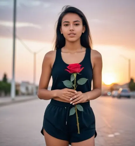 The Moroccan girl, about 18 years old, tanned, straight black hair, wears sneakers, a tank top and black shorts.  Lover holding a rose on the street at sunset.,the girl is holding a rose in one hand a