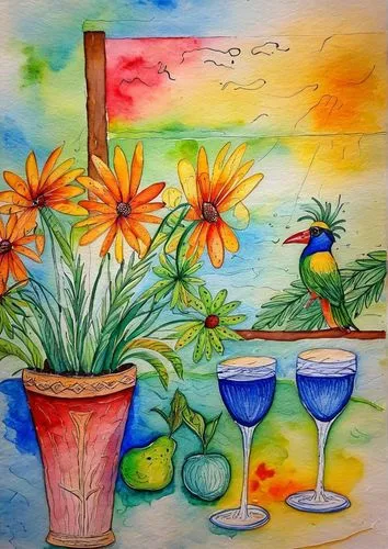 watercolor cocktails,colored pencil background,watercolor wine,oil pastels,water color,watercolor cafe,water colors,summer still-life,glass painting,cocktails,flower painting,marguerita,colorful drink