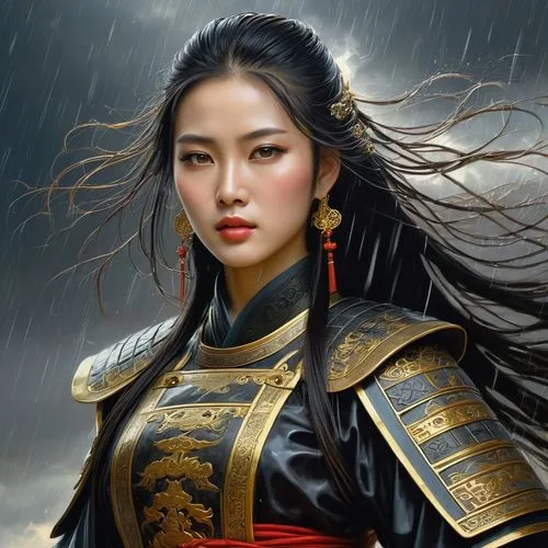 very beautiful charming Chinese woman with very beautiful expressive eyes, sparkling pupils, beautiful thin lips, beautiful long wet hair, martial artist, dressed in black armor with golden patterns o