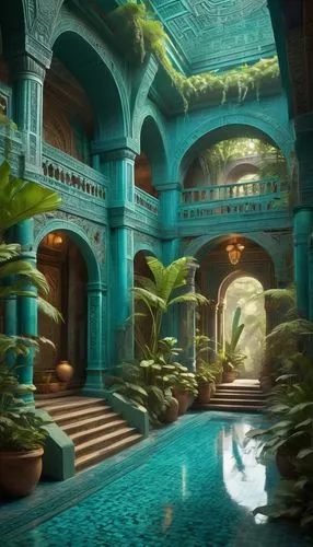 underwater oasis,water palace,atlantis,aqua studio,lagoon,oasis,aquarium,bathhouse,sindbad,labyrinthian,atlantik,theed,amazonica,imperial shores,swimming pool,atriums,piscina,glyptotek,hacienda,polyneices,Illustration,Realistic Fantasy,Realistic Fantasy 21