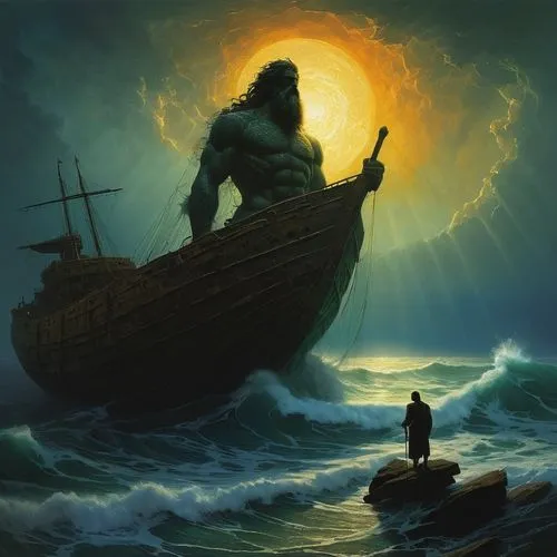 god of the sea,viking ship,sea god,poseidon,fantasy picture,siggeir,gangplank,aegir,shipwreck,sea fantasy,asatru,helfant,man at the sea,greenmarine,el mar,privateering,wotan,vinland,version john the fisherman,seafaring,Conceptual Art,Oil color,Oil Color 11