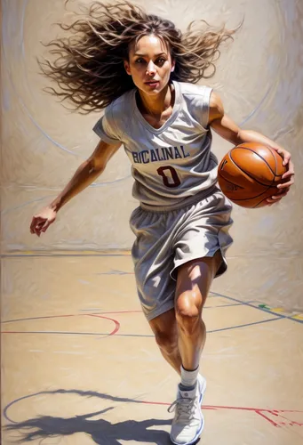 realistic detailed face playing basket ball,woman's basketball,women's basketball,basketball player,girls basketball,sprint woman,sports girl,wall & ball sports,youth sports,sports uniform,oil paintin