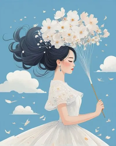 flower fairy,falling flowers,little girl in wind,diwata,white cosmos,parasol,Illustration,Japanese style,Japanese Style 08