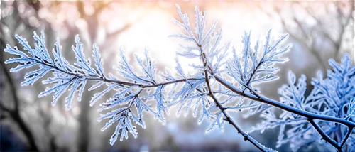 Delicate tree branches, winter season, hoar frost, icy crystals, misty atmosphere, soft morning light, panoramic view, 3/4 composition, shallow depth of field, cold color tone, cinematic lighting, fro