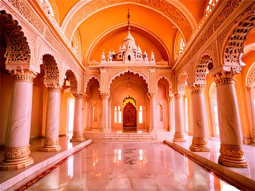 Prem Mandir temple, Vrindavan, India, intricate marble architecture, ornate carvings, golden domes, grand entrance, inner sanctum, serene ambiance, soft warm lighting, 3/4 composition, shallow depth o