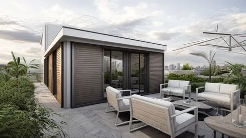 architect rendering, 4k, 35 mm, exterior view of a terrace in front of a white and black penthouse, wooden deck with the roofs of Neuilly sur Seine behind,roof terrace,garden design sydney,landscape d