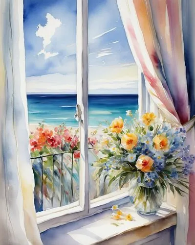 window with sea view,window curtain,bedroom window,window treatment,window covering,window view,window,window valance,french windows,flower painting,glass painting,window with shutters,seaside view,window sill,watercolor background,sea view,open window,windowsill,window front,bay window,Illustration,Paper based,Paper Based 11