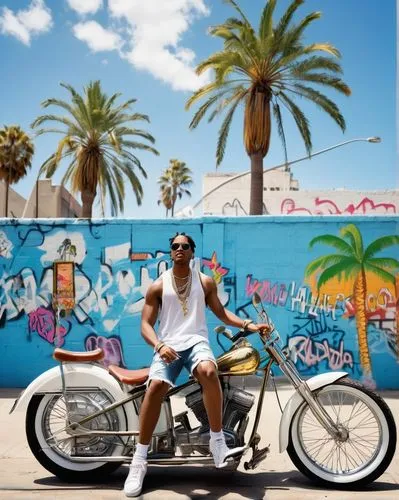 Urban Southern Los Angeles, palm trees lining the streets, vibrant graffiti adorning the walls, a low-rider bicycle parked by the sidewalk, a group of friends laughing and chatting on the corner, warm