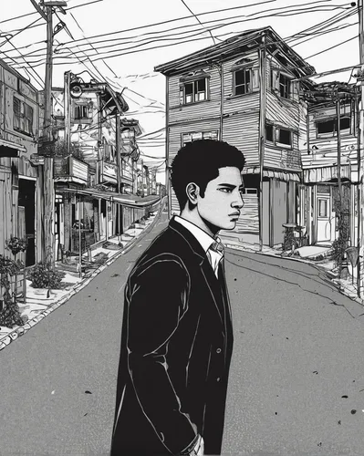 street scene,mono-line line art,the street,suburb,mono line art,han thom,ghost town,comic style,a pedestrian,walking man,seoul,neighbourhood,black city,backgrounds,shirakami-sanchi,sci fiction illustration,hashima,neighborhood,newt,streetcar,Illustration,Black and White,Black and White 16