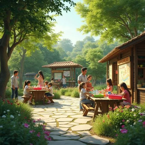 Natural outdoor learning environment, vibrant greenery, educational signs, interactive exhibits, wooden benches, rustic tables, stone pathways, blooming flowers, shady trees, sunny day, soft warm ligh