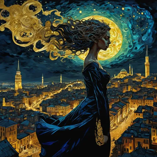 The mix-race girl's ultra long and exaggeration wavy hair floating in the air and dissolves into the silhouette of istanbul city, tight outfit, beautiful and fantastically designed silhouette of istan