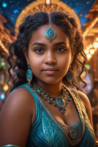 amazing looking young chubby aboriginal voluptuous woman, cute, large eyes, city of glass, whimsical, intricate, audaciously detailed fantasy, 32 megapixels, 8K, HDR, charming, epic colors, light and 