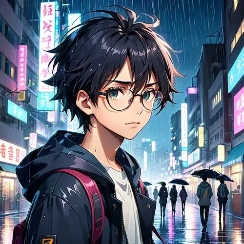 anime boy,cg artwork,yukio,portrait background,persona,with glasses,walking in the rain,shibuya,eyeglasses,anime cartoon,anime japanese clothing,glasses,dusk background,eye glasses,stylish boy,glasses penguin,reading glasses,rainy,background images,ren,Anime,Anime,Realistic