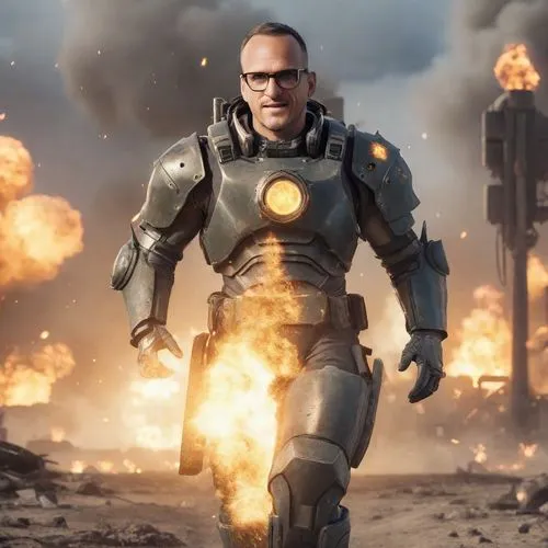 a handsome man, 50 years old, wearing prescription glasses, short hair with receding,war machine,ironman,steel man,action hero,cleanup,cyborg,iron man,wearables,iron-man,robot combat,walking man,damme