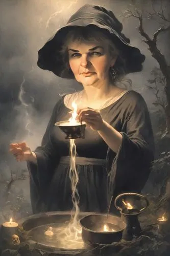 In a dark clearing during a stormy night, a witch conducts a ritual around a bubbling cauldron. Her black dress billows in the wind, and her mystical appearance is intensified by the flickering candle