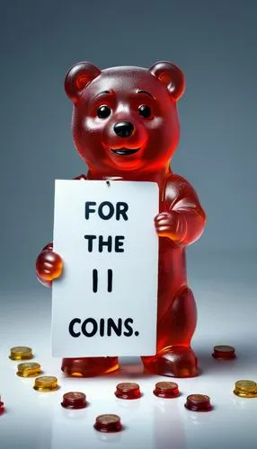 A stunning cinematic photo of a melancholy gummy-bear holding a sign, with the words "For the coins!!!" printed on it, Pixar 3D style, LFGB,bit coin,coin,coins,tokens,token,pennies,cents are,coin drop