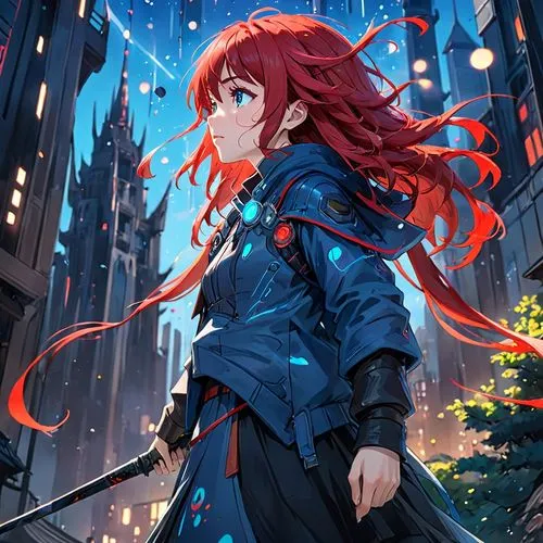 alien, femal, futuristic, red hair, blue eye,a woman is dressed in a blue dress and holding a sword,mitsuru,kolken,shakugan,kouka,tokiko,shinsha,Anime,Anime,Traditional