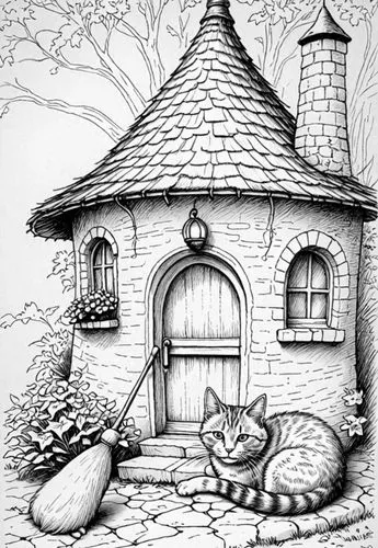 : Design Sketch-Rough Outline ,a drawing of a cat and a witch's hut,houses clipart,coloring pages,coloring page,cathouse,drawing cat,catullo,Design Sketch,Design Sketch,Detailed Outline