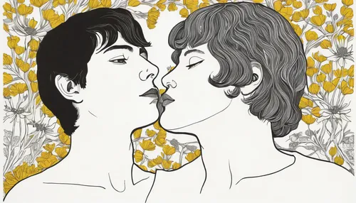 kiss flowers,flowers png,popart,kissing,kiss,first kiss,honeymoon,girl kiss,cheek kissing,cool pop art,modern pop art,pop art style,gay love,mistletoe,boy kisses girl,whispering,lovers,two people,yellow sweet clover,secret garden of venus,Illustration,Black and White,Black and White 20