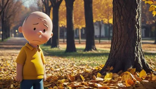 Charlie Brown, realistic, boy, Peanuts character, yellow shirt, black zigzag stripe, messy brown hair, sad facial expression, standing, autumn park, fallen leaves, bare trees, sunny day, soft lighting