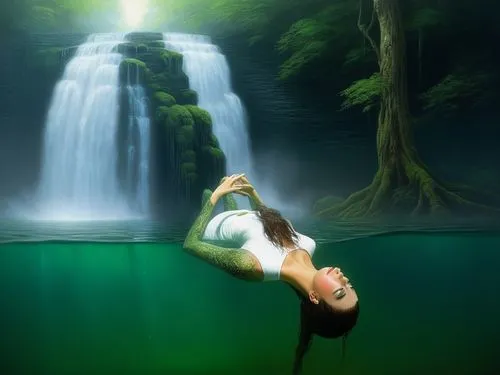 beautiful lady swimming, long hair nice body, white vest in the water, wide view with waterfalls and green forest,green waterfall,immersed,water fall,naiad,waterfall,submerging,underwater background,u