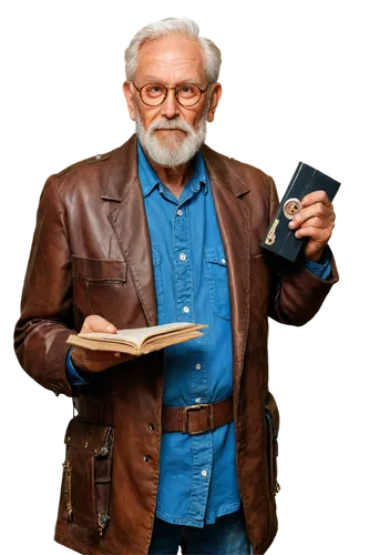 Cartographer, old man, glasses, white beard, messy brown hair, leather-bound book, vintage clothing, holding compass, standing, rugged terrain, map in hand, 3/4 composition, warm lighting, cinematic m