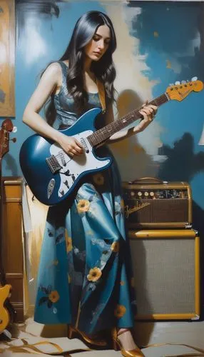 Masterpiece oil color painting of A beautiful woman is playing blue guitar fender Jaguar, she is straight long black hair spreading , white skin with attracting brown eyes , she is wearing dark blue s