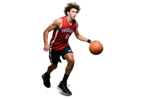 Basketball player, athletic male, dynamic pose, sweaty face, intense gaze, messy hair, basketball in hand, jersey with number, sports shorts, sneakers, muscular legs, jumping, shooting, dribbling, act