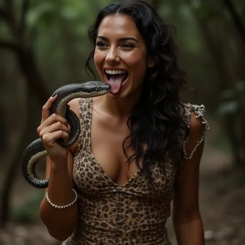 Adriana Lima licking the tail of serpent,a woman is laughing while holding a snake,snake charming,bluetongue,amazona,tongue,tongue out,blue tongue lizard