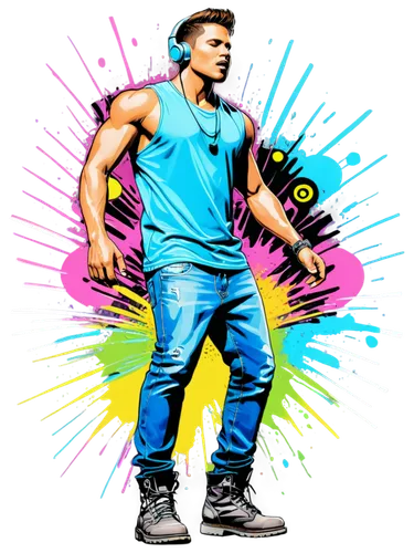 Loudspeaker, DJ equipment, flashing lights, dynamic pose, energetic atmosphere, muscular male, sleeveless shirt, ripped jeans, heavy boots, intense facial expression, sweat droplets, microphone, conce