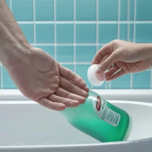 يد تلتقط زجاجة شامبو فؤش وتبدا في فتحه,a person using a bottle of mouthwash to hand soap,liquid soap,cleaning conditioner,hand disinfection,shampoo bottle,male toiletries,triclosan,hand sanitizer,sani