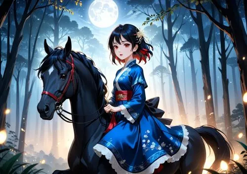 woman with pearl skin and red lip  on the black horse , traditional eastern blue satin dress with lace pattern , royal dress , forest background , add background details with many ancient trees and li