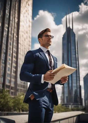 Muscular male architect, 30s, confident posture, black-framed glasses, short brown hair, stubble, formal wear, white shirt, black tie, dark blue suit, holding blueprints, standing in front of a modern