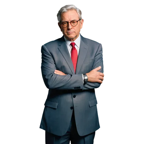 Famous political leader, solo, charismatic facial expression, wrinkles on forehead, gray hair, glasses, suit and tie, standing with hands behind back, confident posture, realistic, high-contrast light