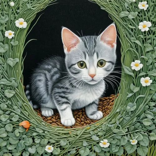 european shorthair,rousseau,katzenjammer,flower cat,kittelsen,moppet,Illustration,Realistic Fantasy,Realistic Fantasy 11