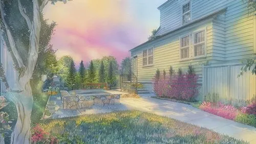 RENDER AT DUSK TO HIGHLIGHT THE PLANTS LIGHTS,meadow in pastel,cottage garden,spring garden,summer cottage,home landscape,lilac arbor,colored pencil background,3d rendering,springtime background,flowe