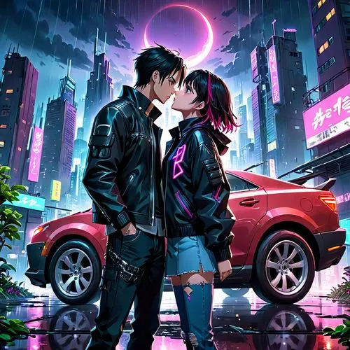 cyberpunk,cg artwork,80s,valentines day background,sci fiction illustration,dusk background,love background,vapor,aesthetic,media concept poster,dystopia,romantic scene,kissing,world digital painting,pda,valentine background,boy kisses girl,punk,rose drive,dystopian,Anime,Anime,Realistic