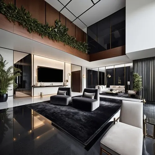 a large living room with modern furniture and mirrors,modern living room,living room,livingroom,modern minimalist lounge,apartment lounge,interior modern design,Photography,General,Realistic