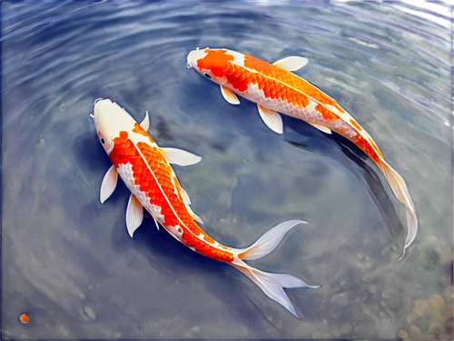 Koi fish, vibrant orange and white scales, flowing fins, rounded body, water ripples, shallow depth, soft focus, warm lighting, 3/4 composition, close-up shot, detailed texture, glossy skin, tranquil 