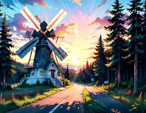 Digital watercolor Illustration of an Avenue in "Bar Harbor", Maine, Indian Summer forests, Sunset, windmill, sunset landscape, by JB, Waterhouse, Carne Griffiths, Minjae Lee, Ana Paula Hoppe, Intrica