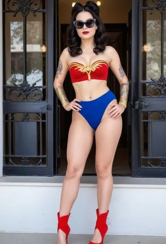 a woman in a bikini posing for the camera,wonderwoman,super woman,superheroine,super heroine,wonder woman,superwoman