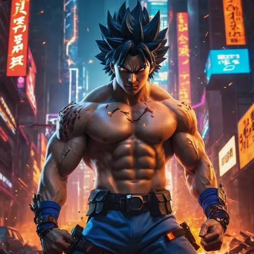 Manga-style male, Saiyan warrior, spiky black hair, intense gaze, golden aura, ripped muscular body, powerful chest, defined waist, strong legs, iconic orange gi, blue undershirt, white boots, Ki blas