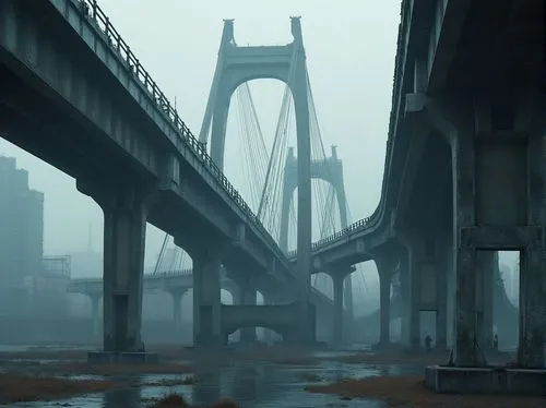 bridge,skybridge,bridges,overpassed,bridged,tangshan railway bridge,foggy day,psychiko,under the bridge,overpass,industrial landscape,foggy,overbridge,digital painting,highway bridge,rebiya,foggy landscape,overbridges,kamurocho,fog,Photography,General,Realistic