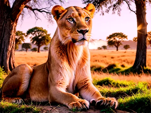 Wild animal, savannah landscape, golden hour, lioness, majestic pose, shaggy mane, sharp claws, whiskers, emerald eyes, grassland, acacia trees, warm sunlight, low-angle shot, cinematic composition, n